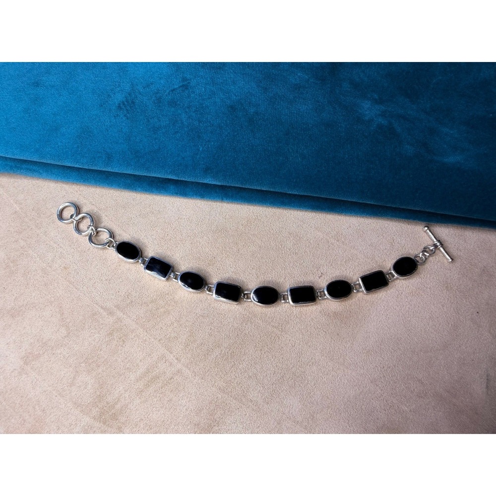 Vintage Sterling Silver 925 Black Onyx Cabochon Link Toggle Bracelet 8"